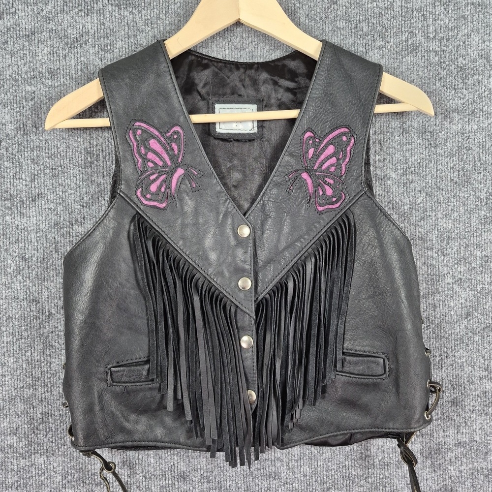 Vintage TRD Leathers‎ Black Leather Vest USA Fringe Snaps Butterfly Biker